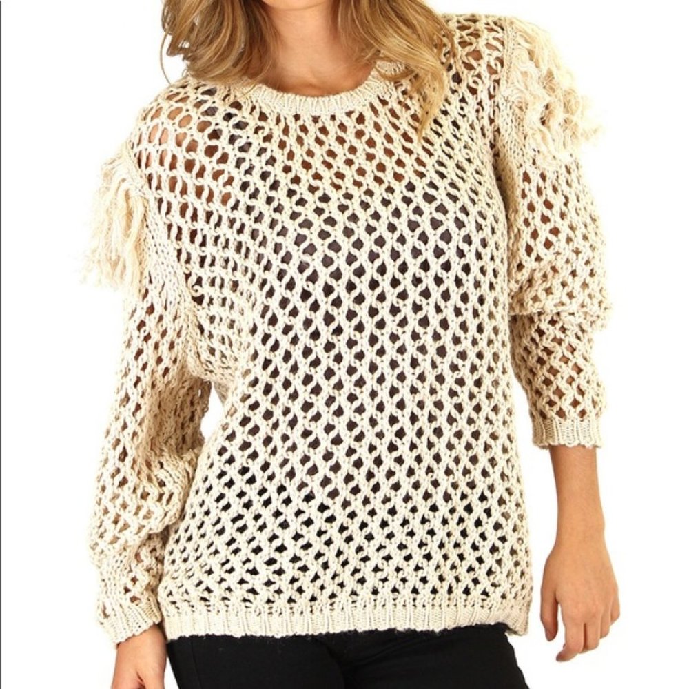 NWT Millau Beige open knit chunky Sweater sweatshirt Fringe coastal boho